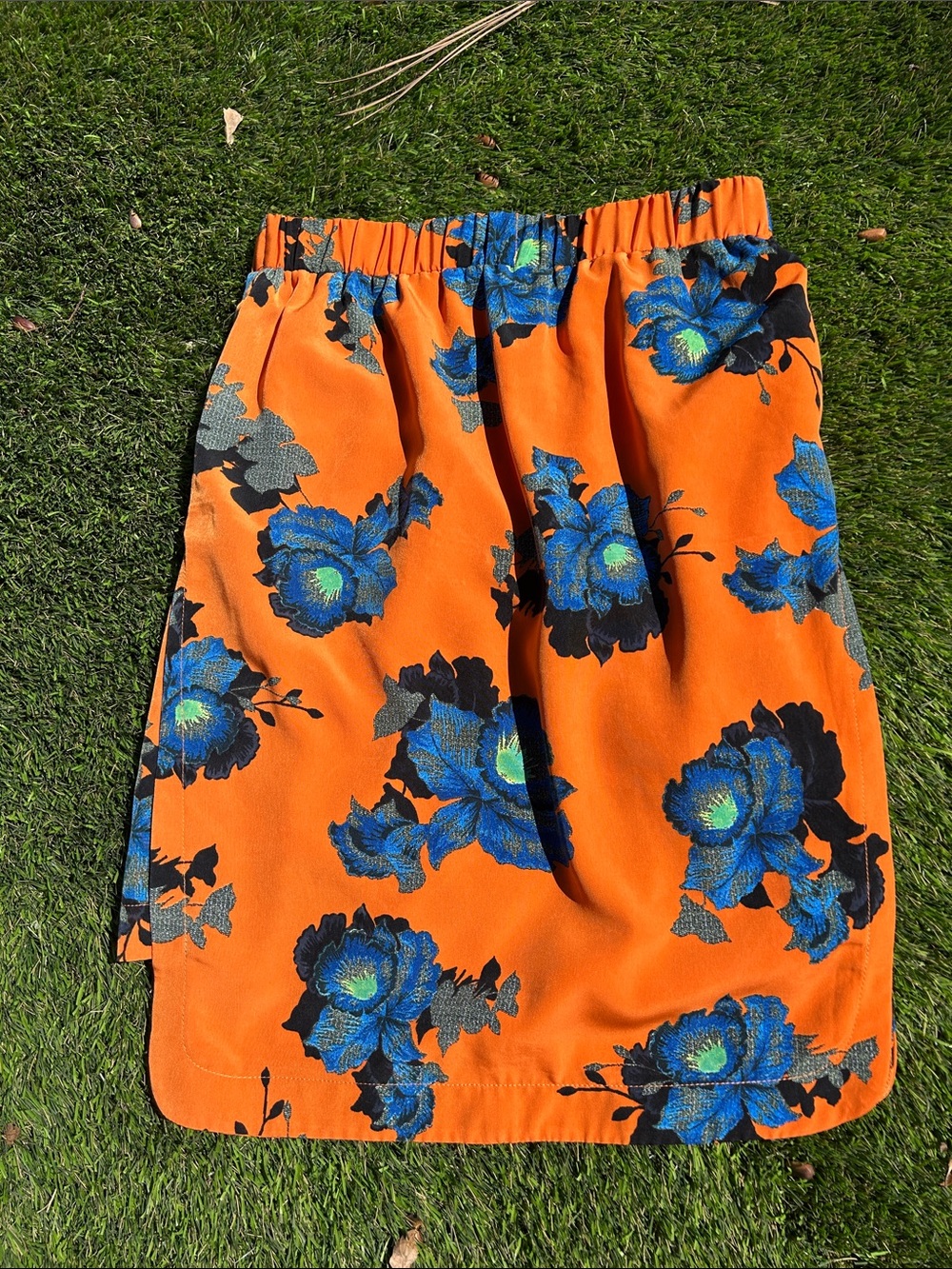 Topshop Orange Midi Skirt with Blue Floral Print